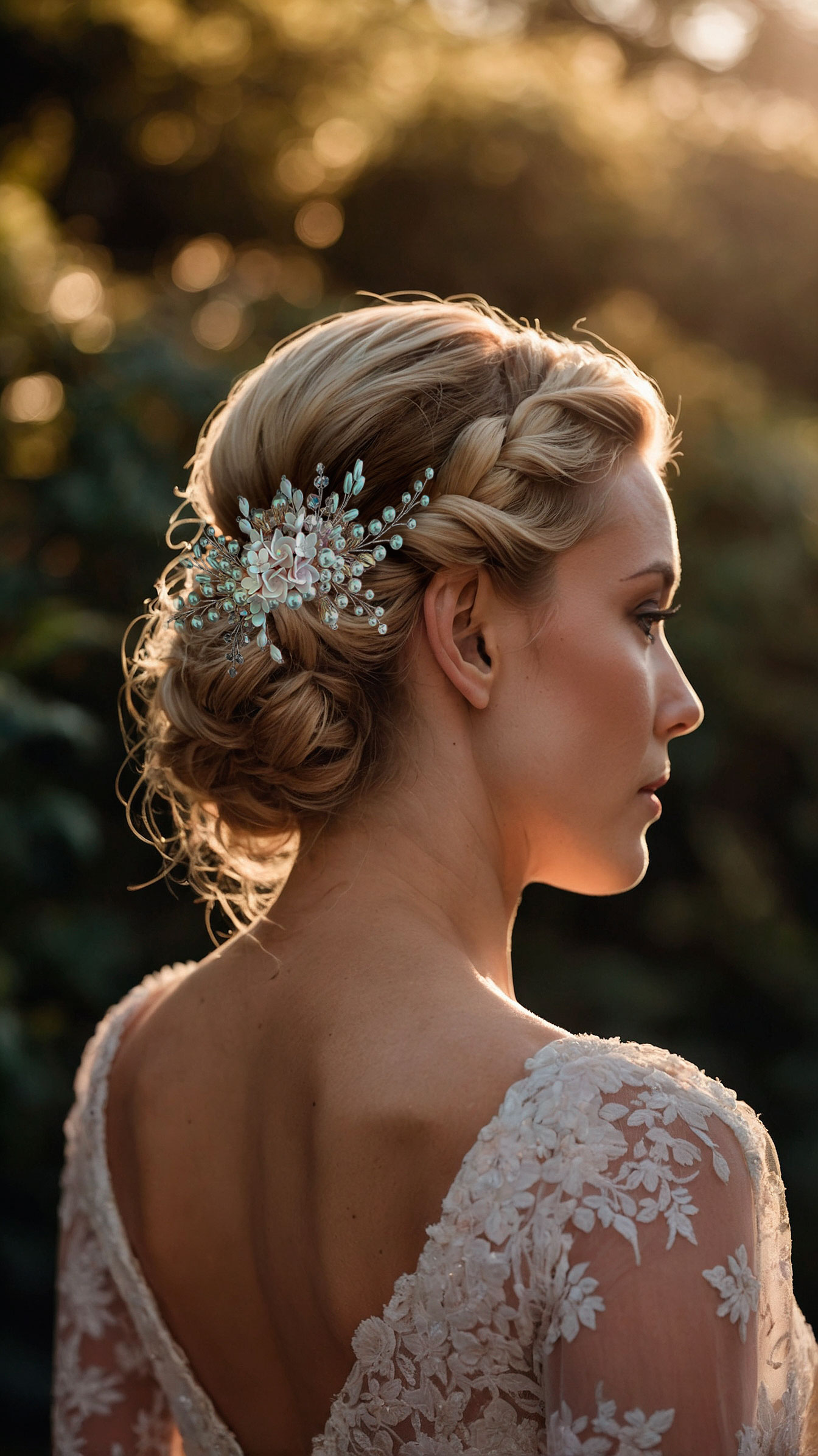 Elegant low bun bridal hairstyle with blush floral hairpiece